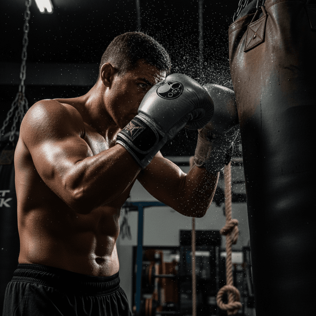 Boxer sparring in a ring with dramatic lighting