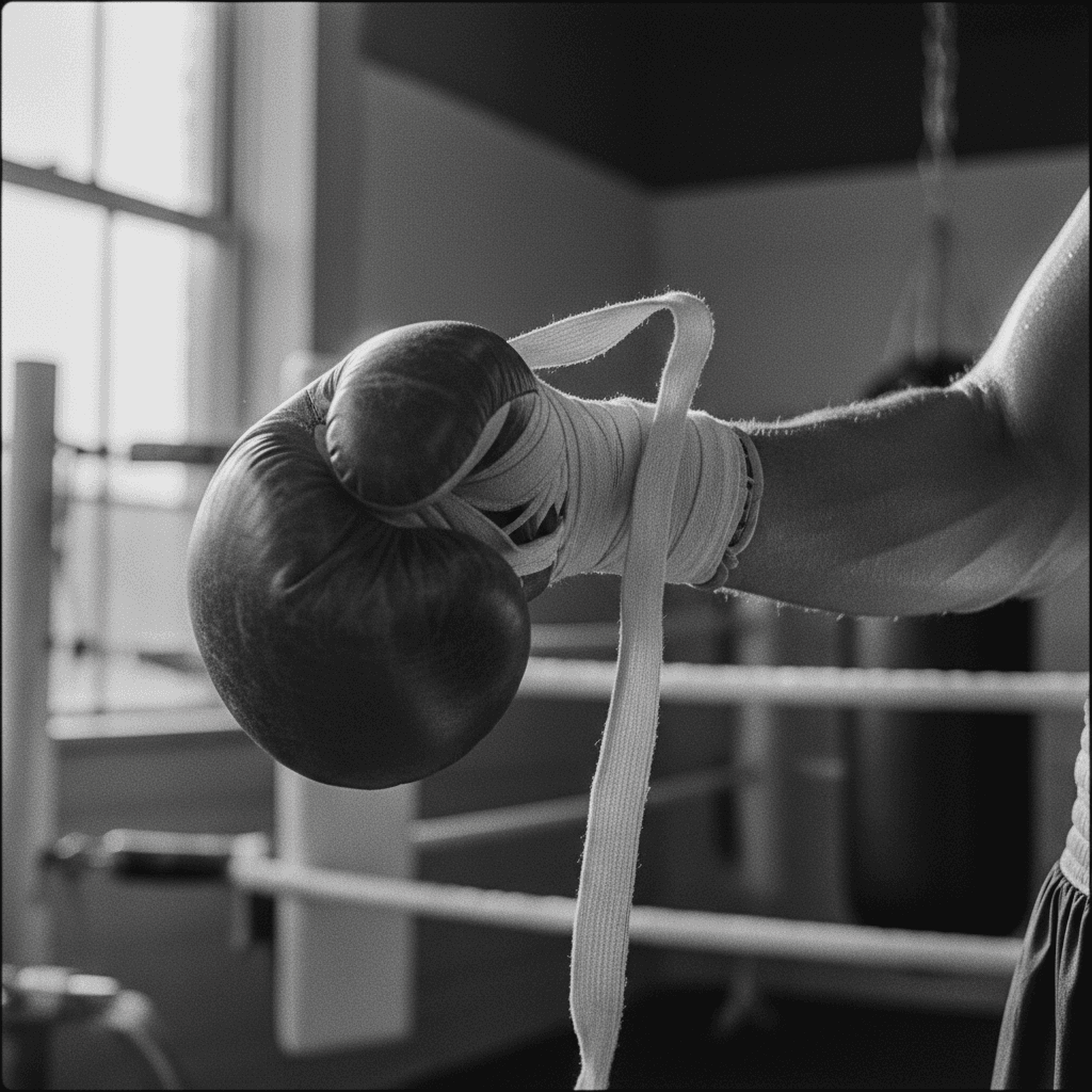 Close-up of boxer's gloved hands on the ring ropes