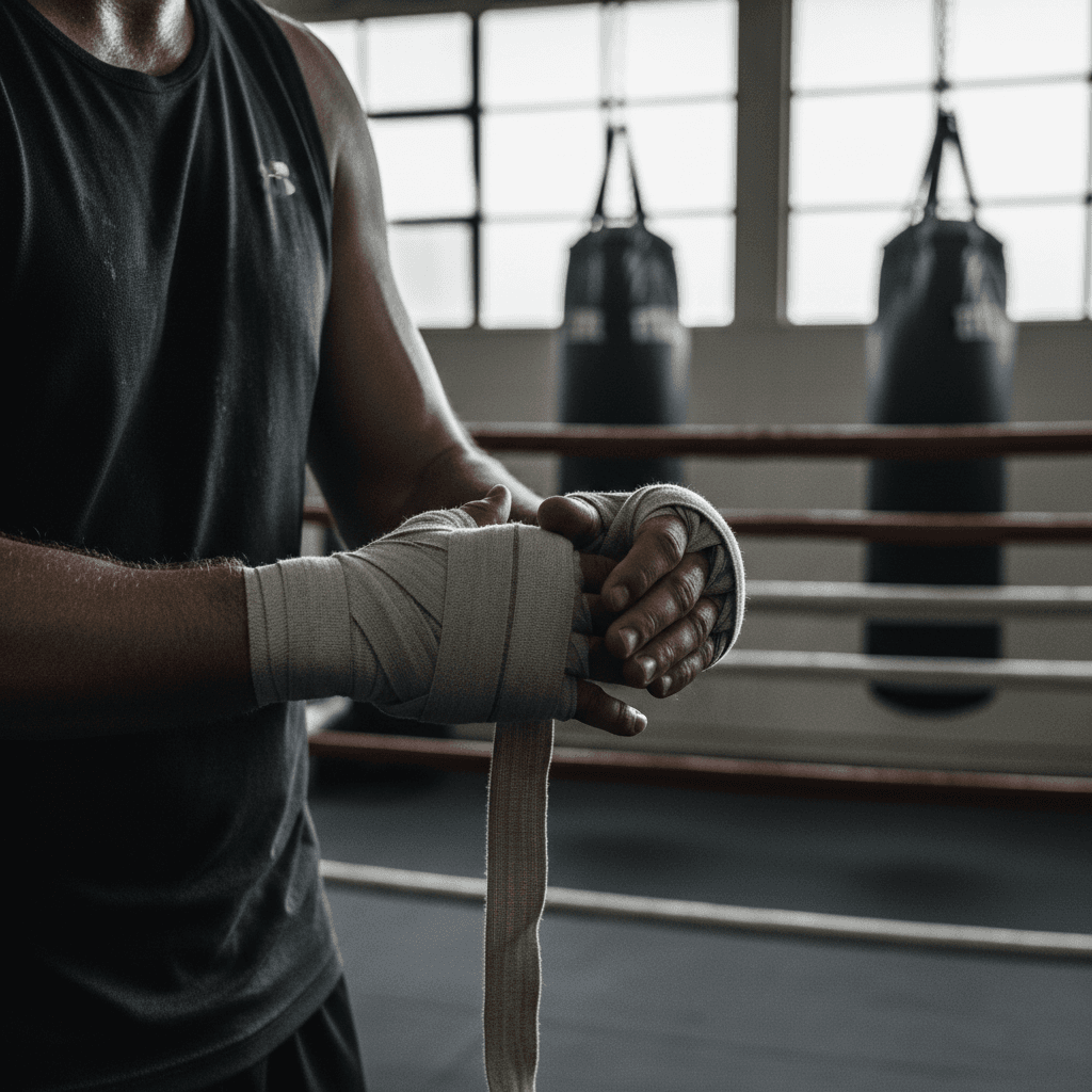 Boxer's hands being wrapped in a dimly lit gym